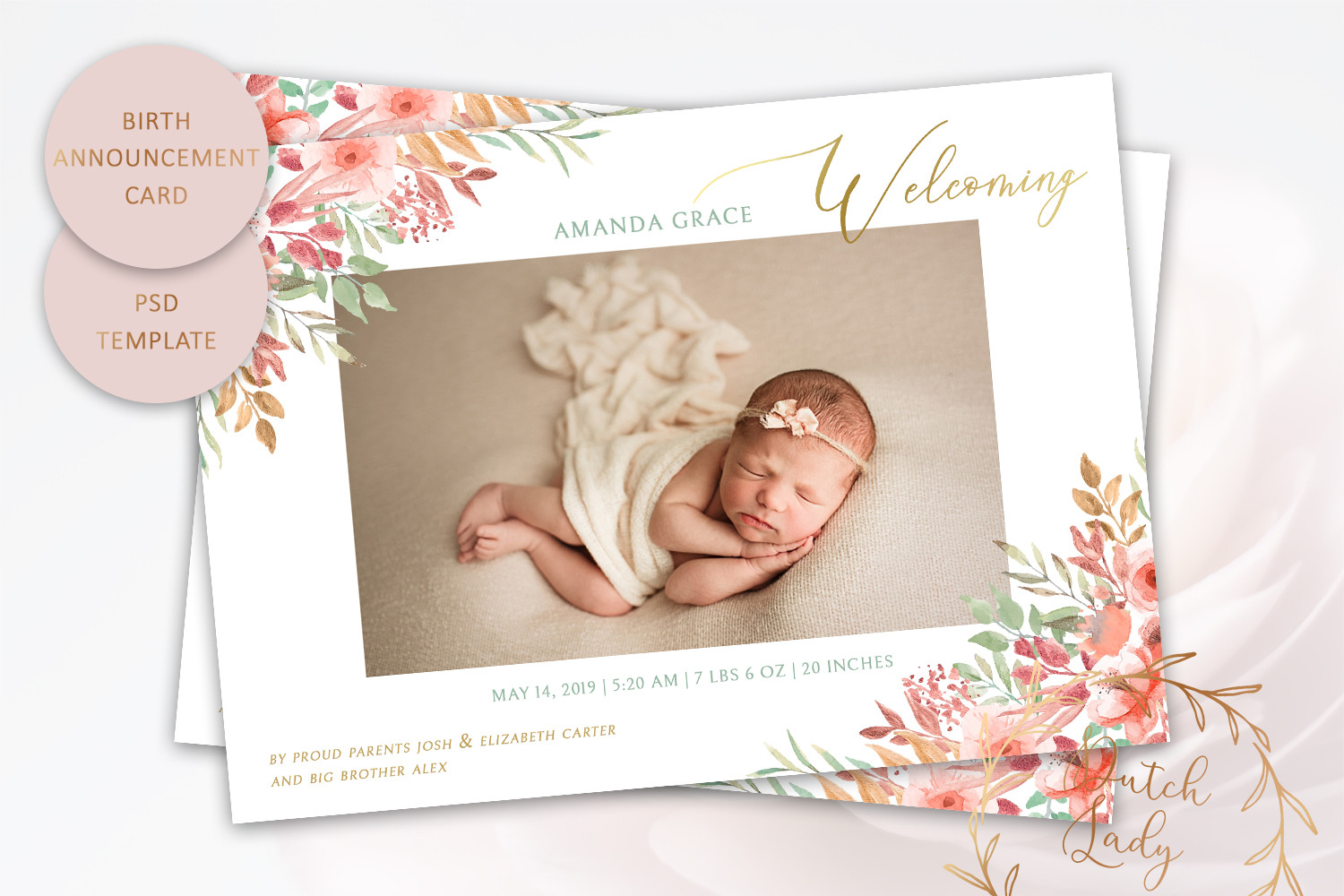 Birth Announcement Card Template #1, a Card Template by The Dutch Lady  Designs, image size:1500x1000
