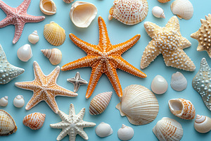 Starfish and seashells on blue backg, a Photo by Pixeness Studio