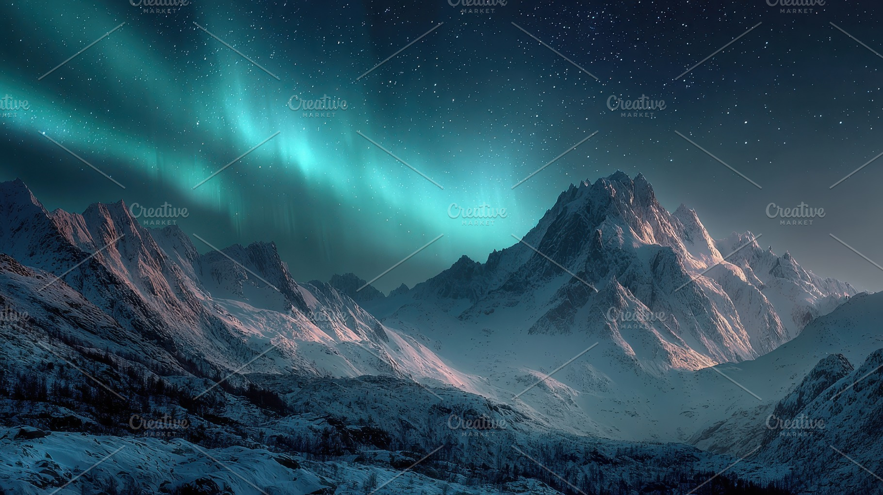 Aurora Borealis over Snowy Mountains, a Photo by Pixeness Studio