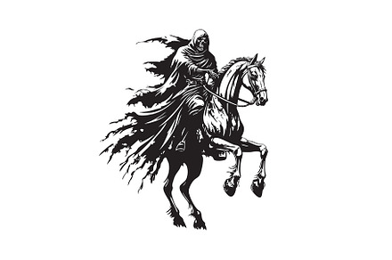 A dark, grim reaper rides horse, an Animal Illustration by yod67