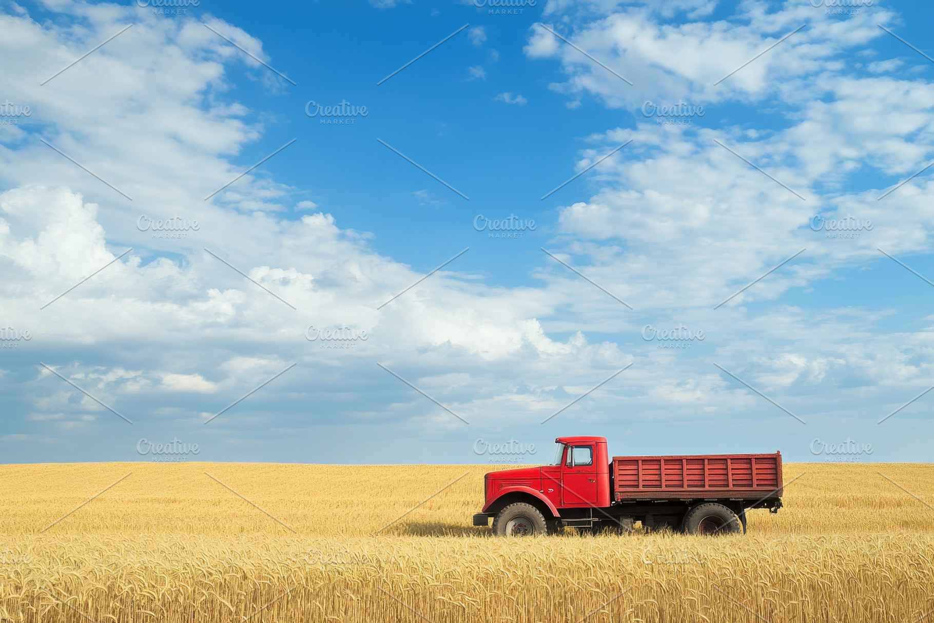 Red truck parked in a golden wheat, a Photo by Pavel_design