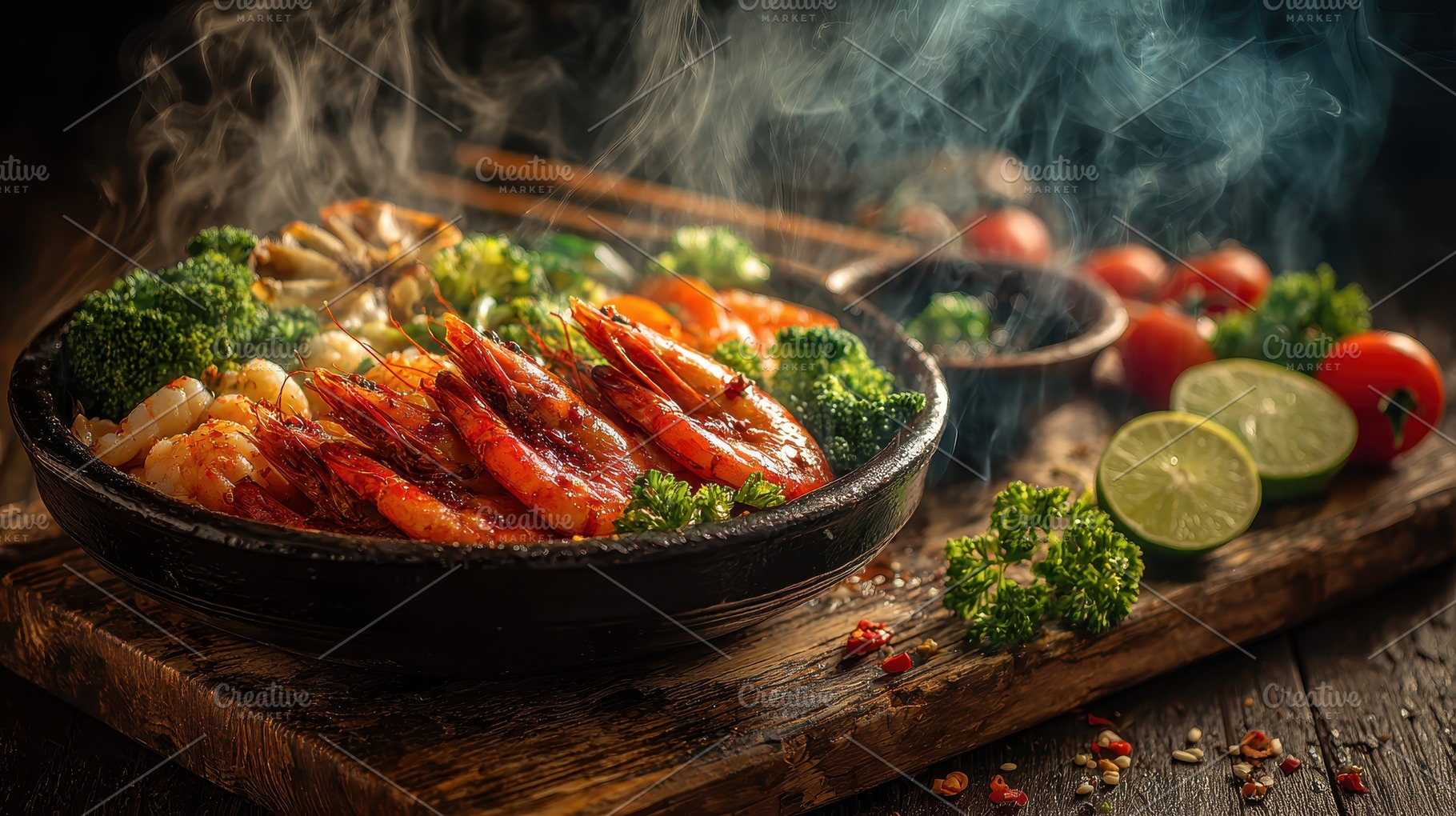 Steaming Hot Spicy Shrimp Sizzling S, a Photo by Pixeness Studio