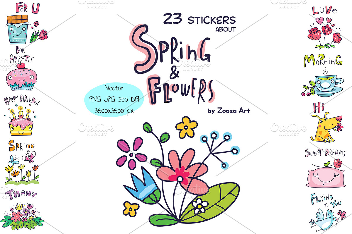 Spring and Flowers vector stickers, an Illustration by Zooza Art (Photo 1 of 6)