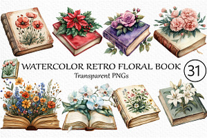 Watercolor Retro Floral Book Clipart, an Illustration by Craft Nest
