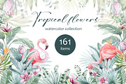 FLAMINGO & FLOWERS  tropical set, a Decorative Illustration by LenArt (Thumbnail 1 of 18)