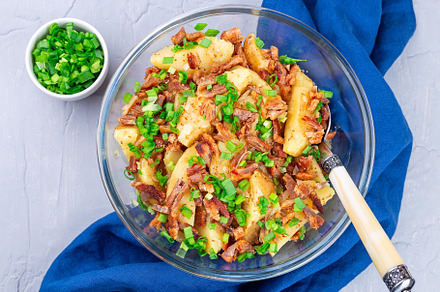 Bacon and onion potato salad dressed with apple cider vinegar and mustard, hori, a Food & Drink Photo by iuliia_n