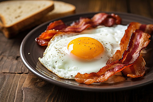 Fried eggs with bacon and herbs in plate on wooden background, a Food & Drink Photo by AlyaAnd