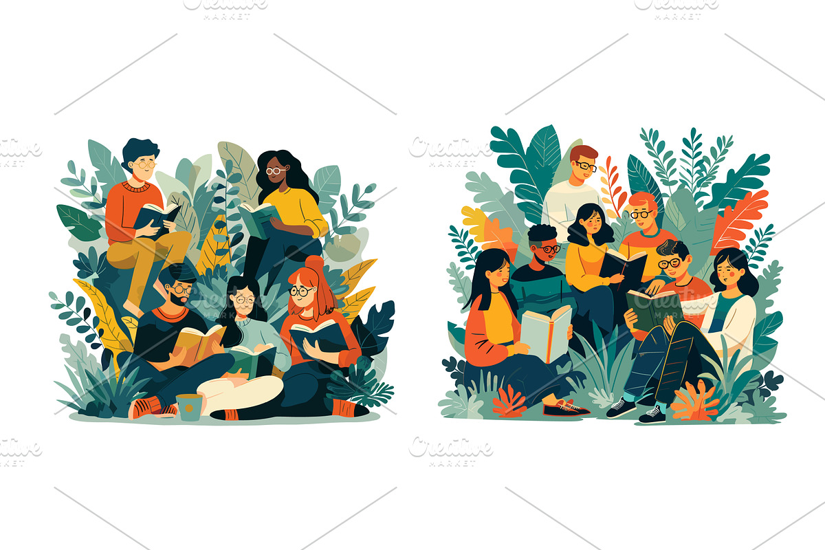 People crowd reading books cartoon, a Person Illustration by Valerie Bodnar