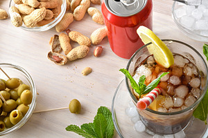 Refreshing cola drink on wooden table and snacks top view, a Food & Drink Photo by Davizro's Market