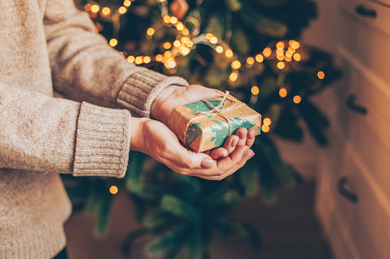 Female hand holding wrapping present gift box against the background of a Chris