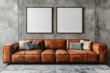 Brown leather sofa with two blank fr, an Abstract Photo by Pixeness