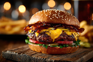 Delicious Bacon Cheeseburger with Fr, a Photo by Pixeness Studio