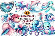 Watercolor Blue & Pink Sea Life Clip, an Illustration by DreamCafeArt (Thumbnail 1 of 4)