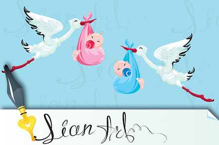 Stork with boy and girl. 