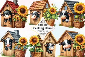 Watercolor Black Cow Peeking House, an Illustration by CraftArtStudio