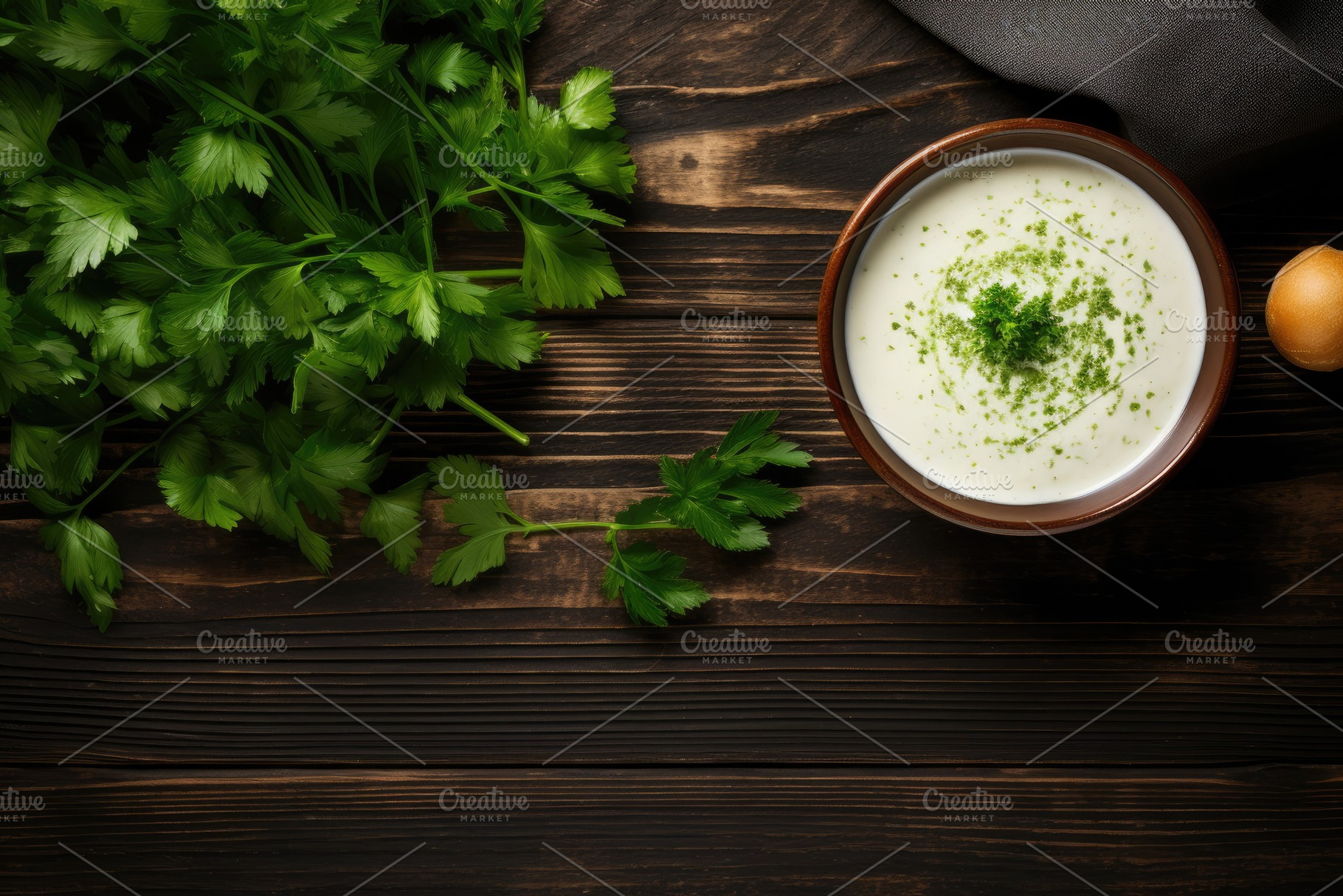 Creamy soup with parsley on wooden b, a Photo by Iftikhar Alam