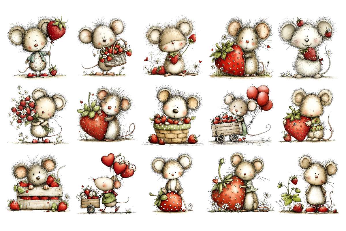 Strawberry Mouse Watercolor PNG, an Animal Illustration by Nicolle's Colorful Art (Photo 2 of 3)
