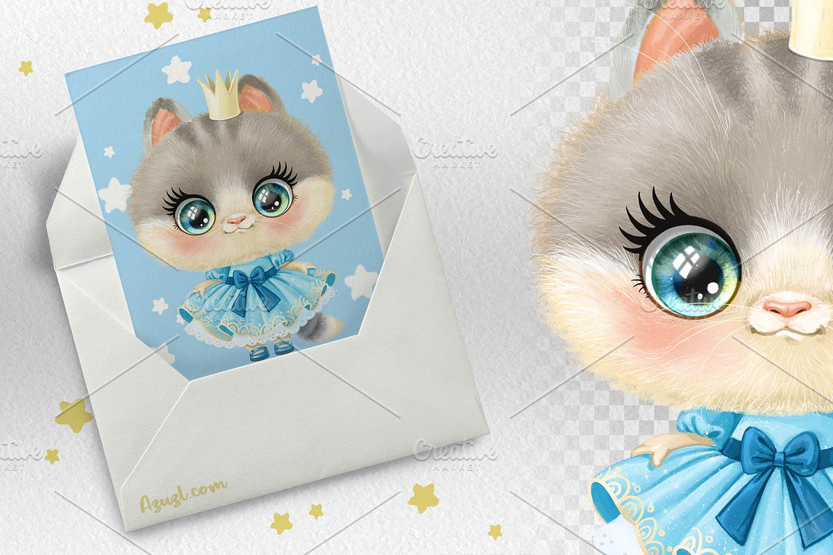 Princess kitten in blue dress, an Animal Illustration by Azuzlikus (Photo 2 of 3)