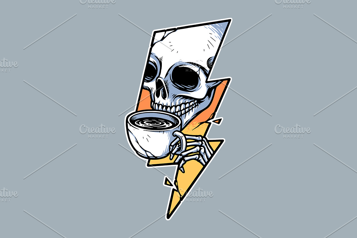 skull drinking coffee and lightning, an Illustration by gunaonedesign (Photo 1 of 4)
