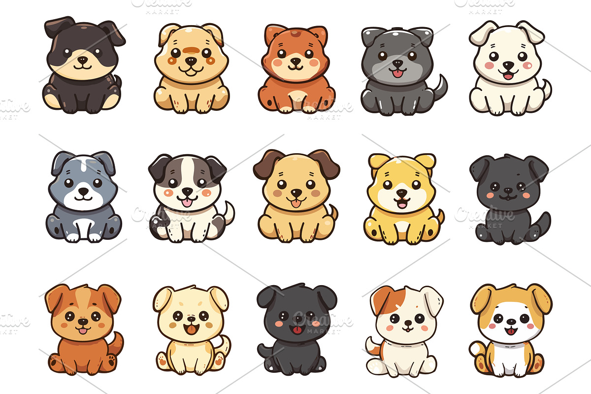 Cute dogs set. Funny puppies, tiny, an Animal Illustration by Valerie Bodnar