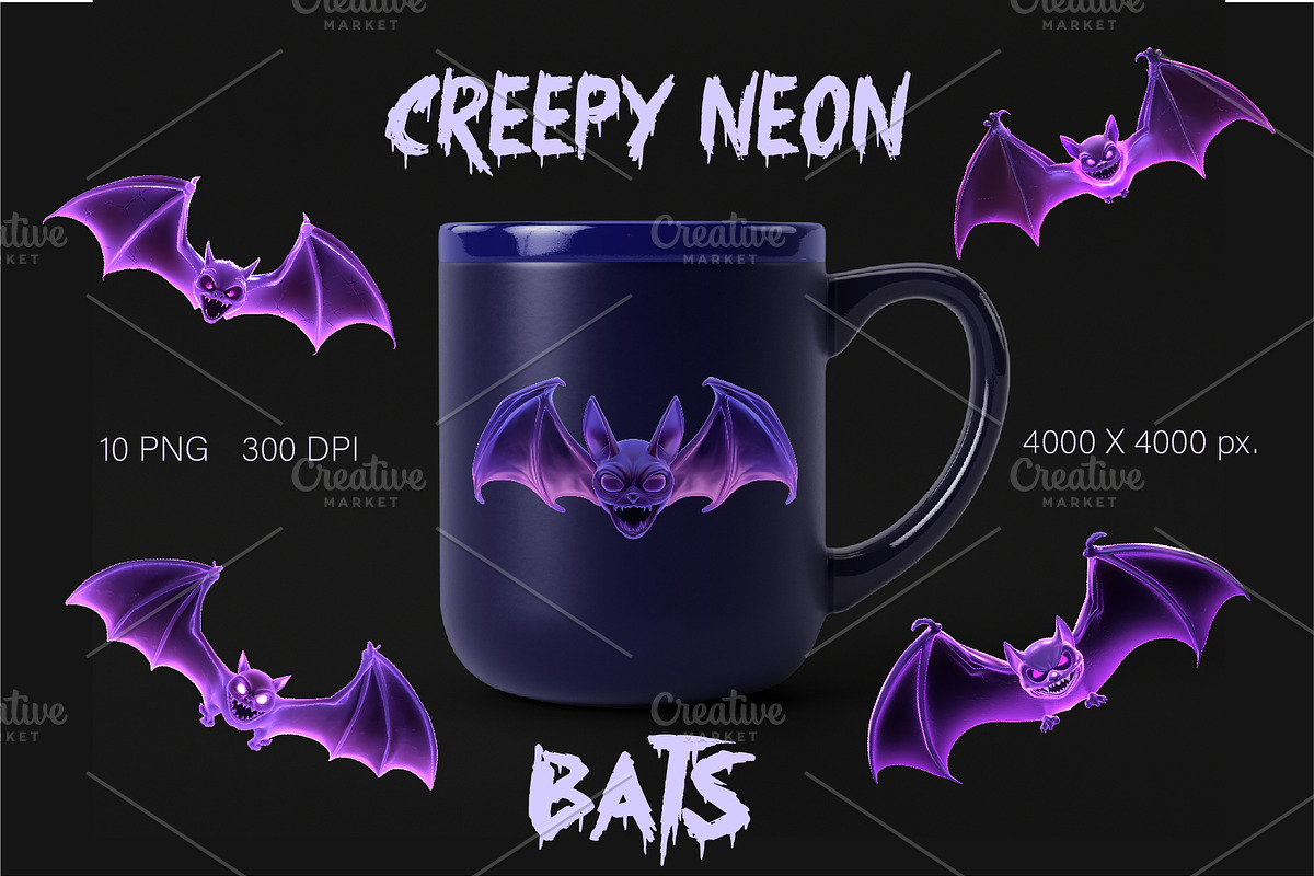 Creepy Neon Bats. Halloween Mascot., an Animal Illustration by KENO Mascots (Photo 3 of 10)