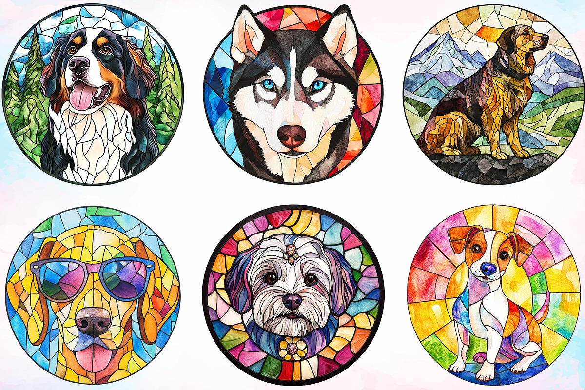 Round Stained Glass Dogs Clipart PNG, a Seasonal Illustration by Canvas Craft (Photo 2 of 4)