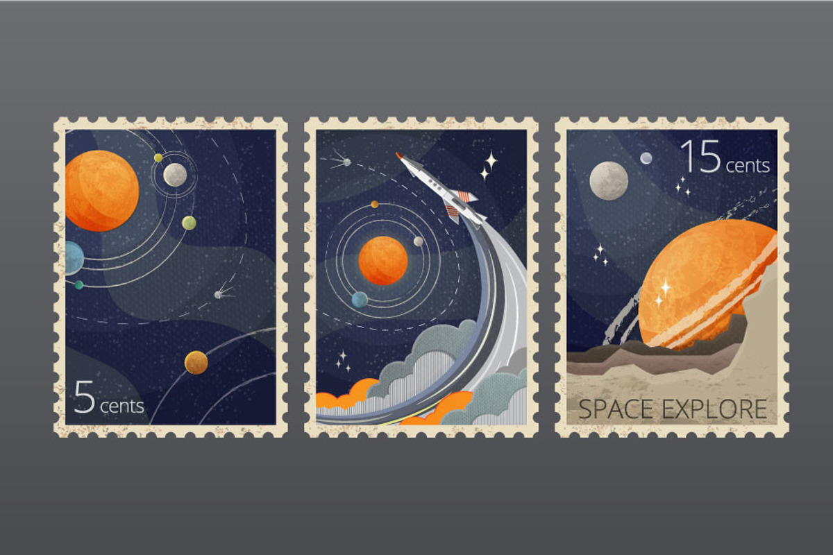 Vintage Space Postage Stamps, a Decorative Illustration by Zonda (Photo 1 of 7)