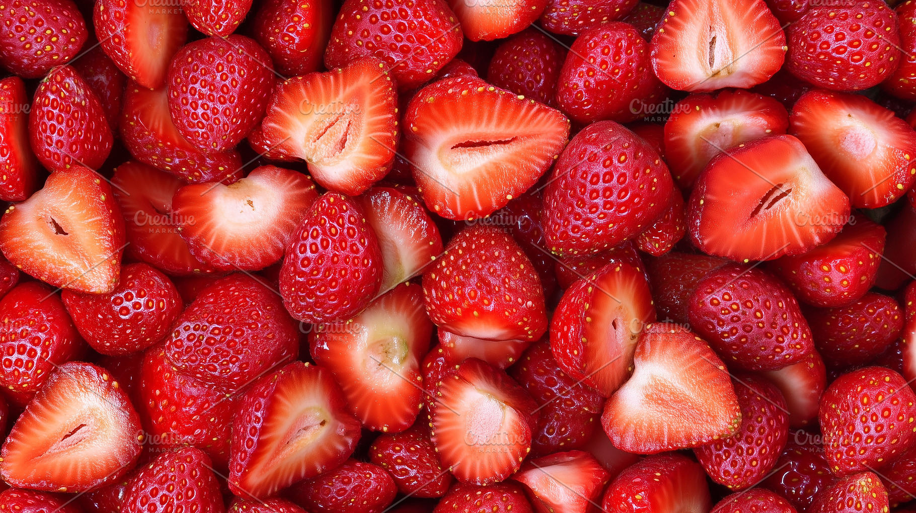 Vibrant halved fresh strawberries, a Food & Drink Photo by MistyDay