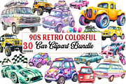 90s Retro Colorful Car Clipart Bundl, an Illustration by Watercolor design (Thumbnail 1 of 5)