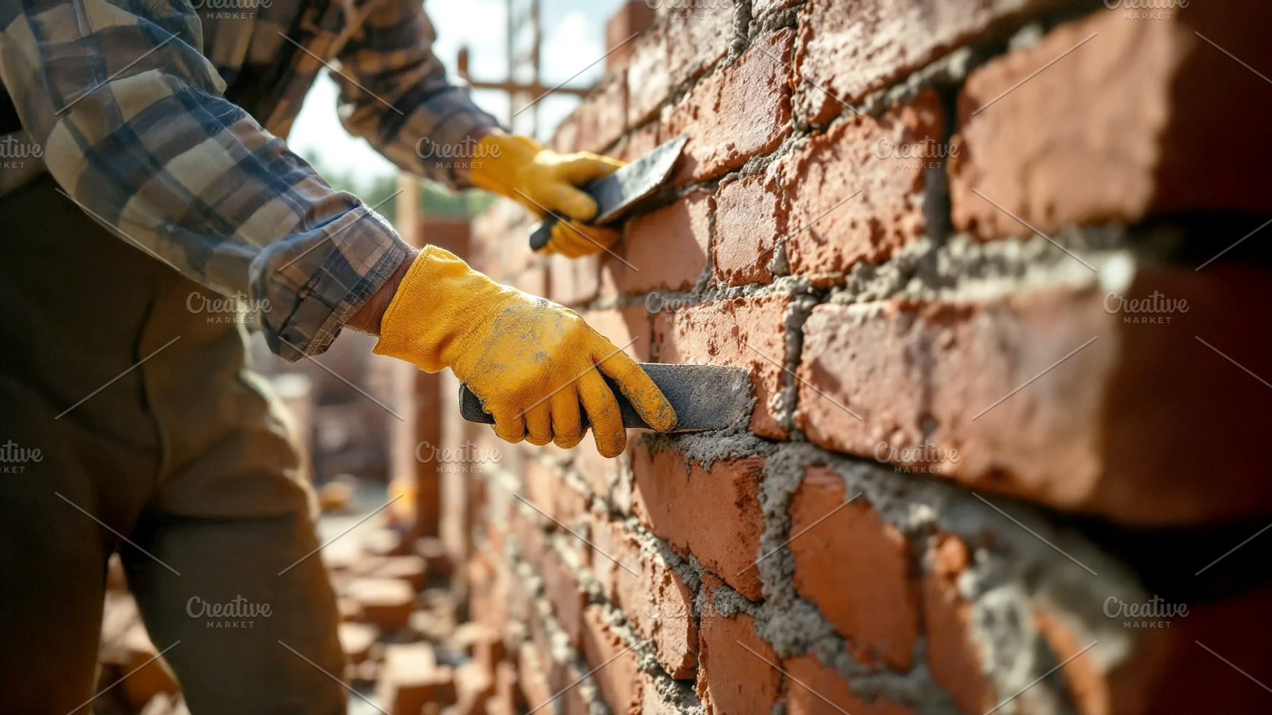 Bricklayer Smoothing Mortar on Brick, an Industrial Photo by Stock Shape