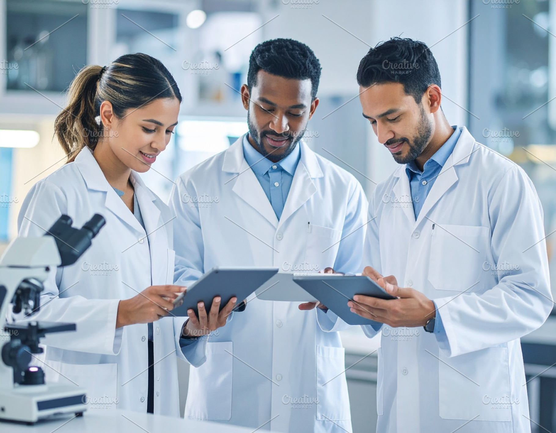 Scientists in lab coats collaborating over digital tablets and m, an Industrial Photo by DanFLCreativo
