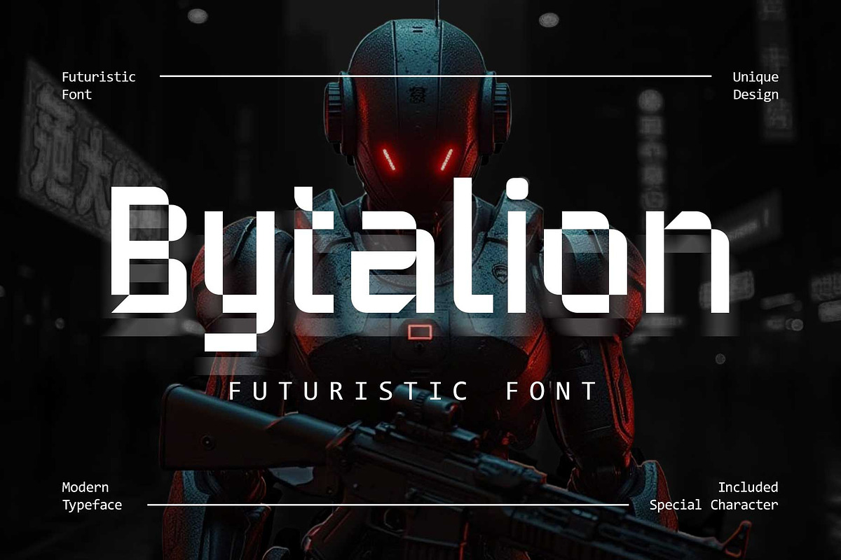 Bytalion - Futuristic Font, a Font by Arterfak Project (Photo 1 of 13)