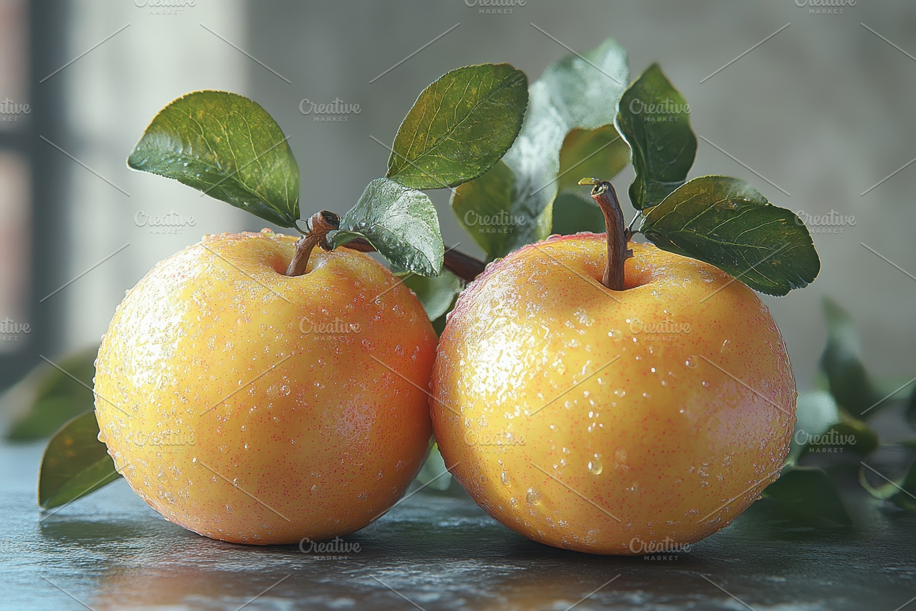 Fresh yellow plums with dew drops on, a Photo by Tanuart