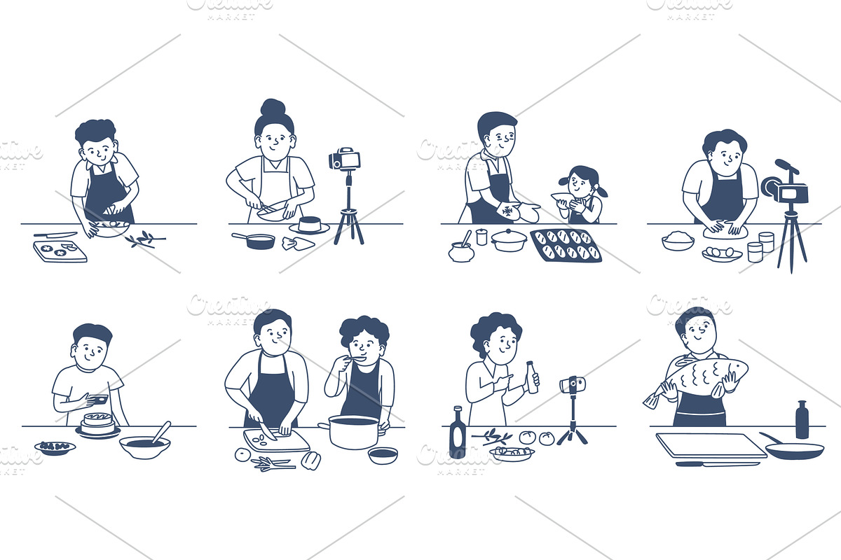 Food bloggers. People cooking on, a Food Illustration by LadadikArt