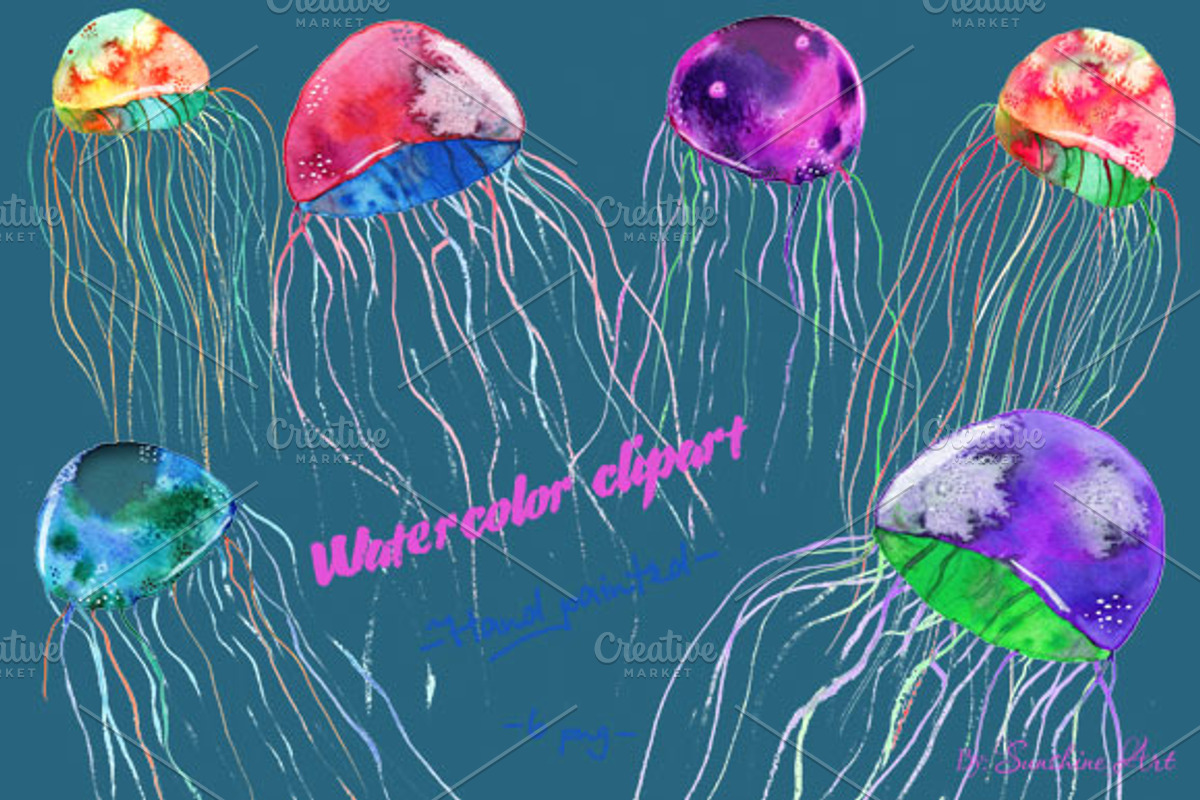 Set of Watercolor Jellyfish, a Decorative Illustration by Sunshine Art Shop (Photo 4 of 7)