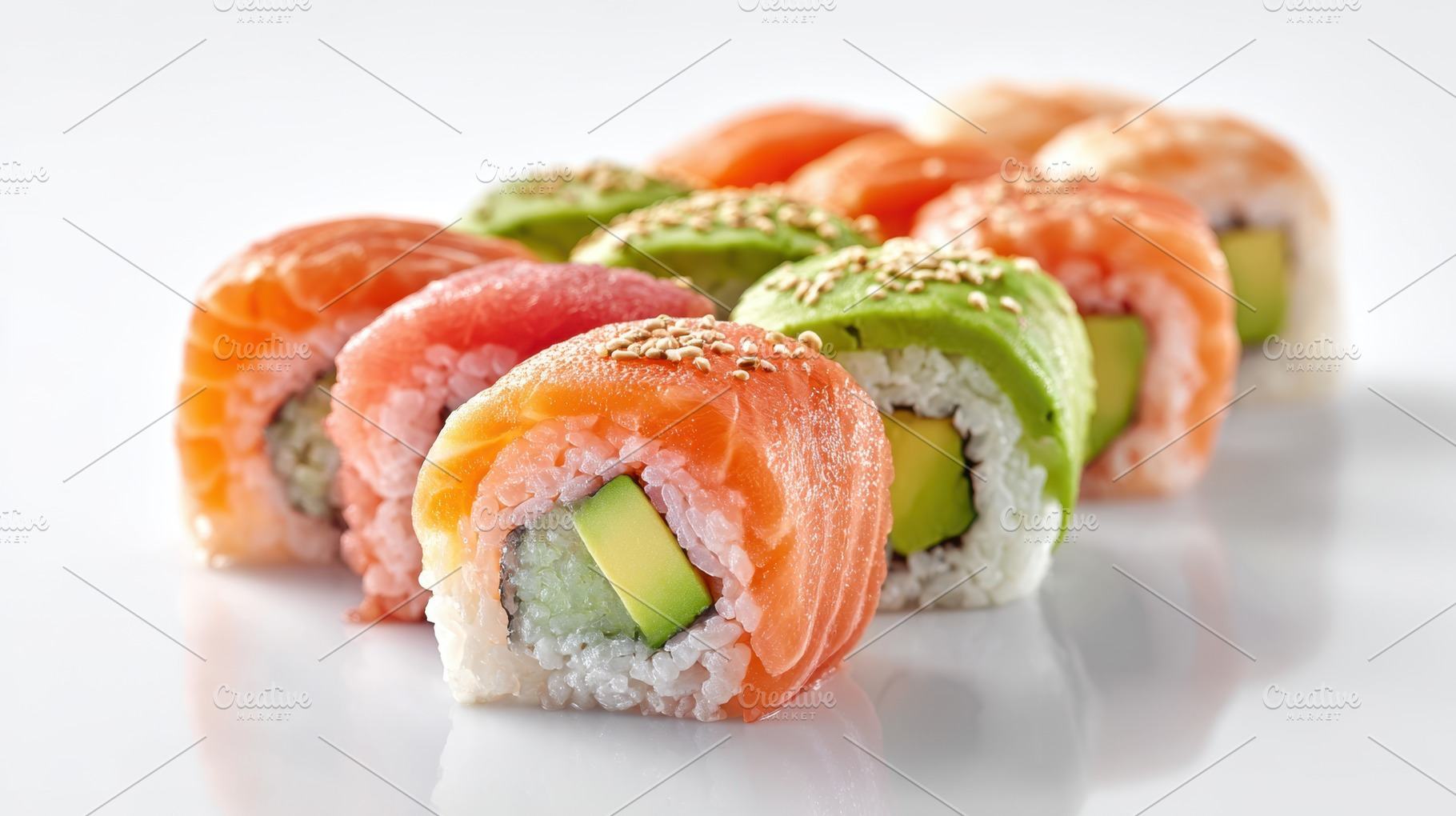 Assorted sushi rolls on white background, a Food & Drink Photo by AlyaAnd