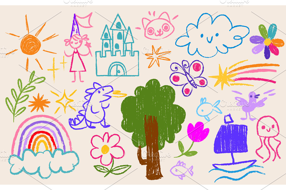 Kid crayon doodle set with cloud and, an Illustration by art PVP - market
