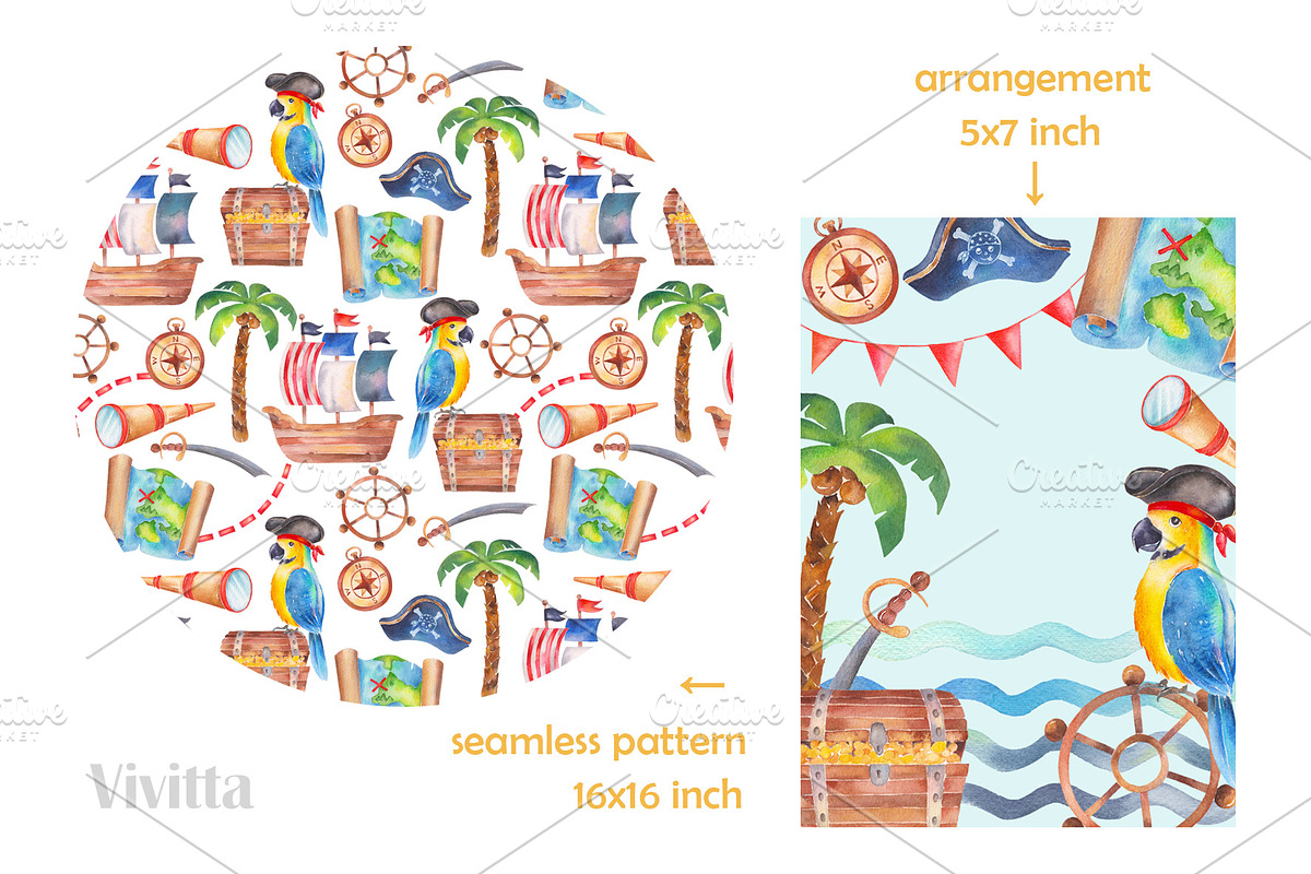 Pirates Party watercolor clipart set, an Illustration by Vivitta (Photo 5 of 5)