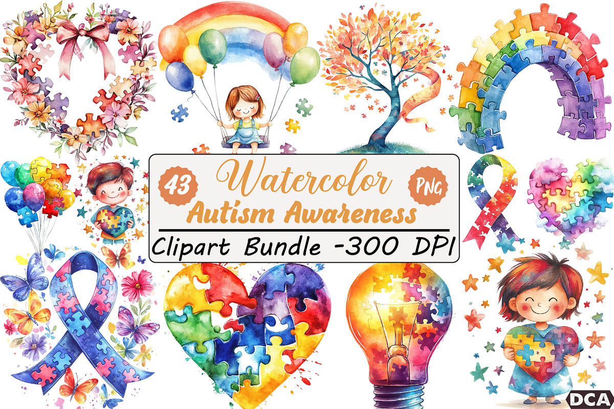 Watercolor Autism Awareness PNG, an Illustration by DreamCafeArt (Photo 1 of 8)