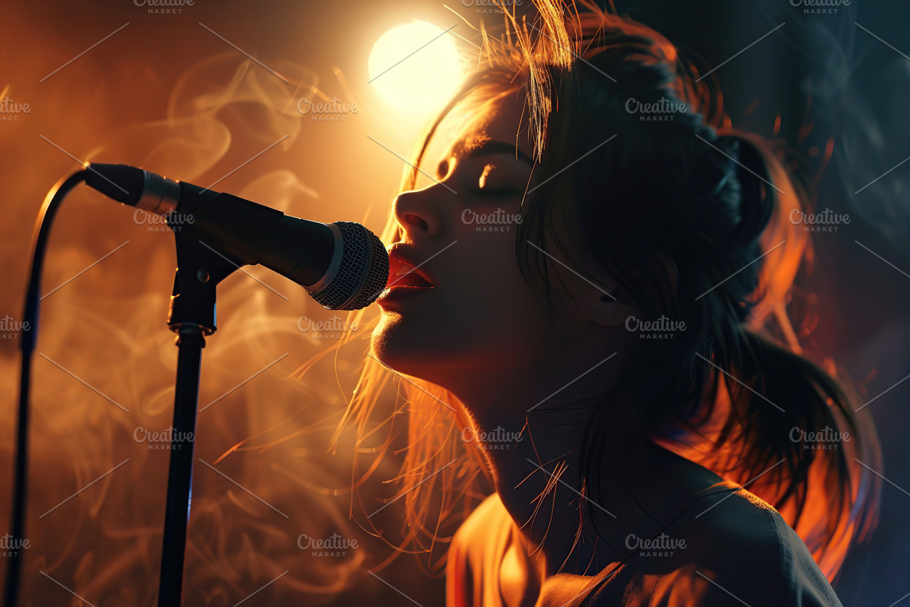 Young woman singing song with microphone in studio, a Person Photo by AlyaAnd