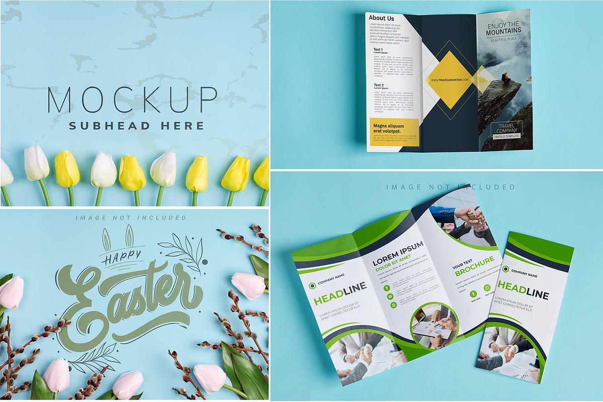 Mockup brochures & backdrop on blue, a Brochure Template by YuMyart (Photo 2 of 5)