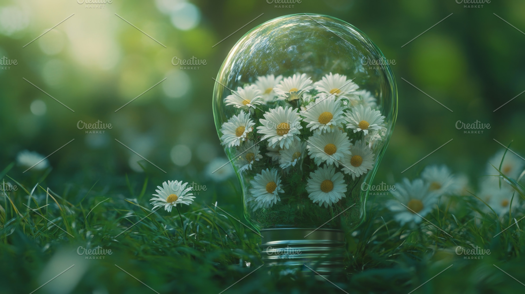 Sustainable Energy Concept with Light Bulb and Flowers, an Abstract Photo by Natalia Klenova's Shop