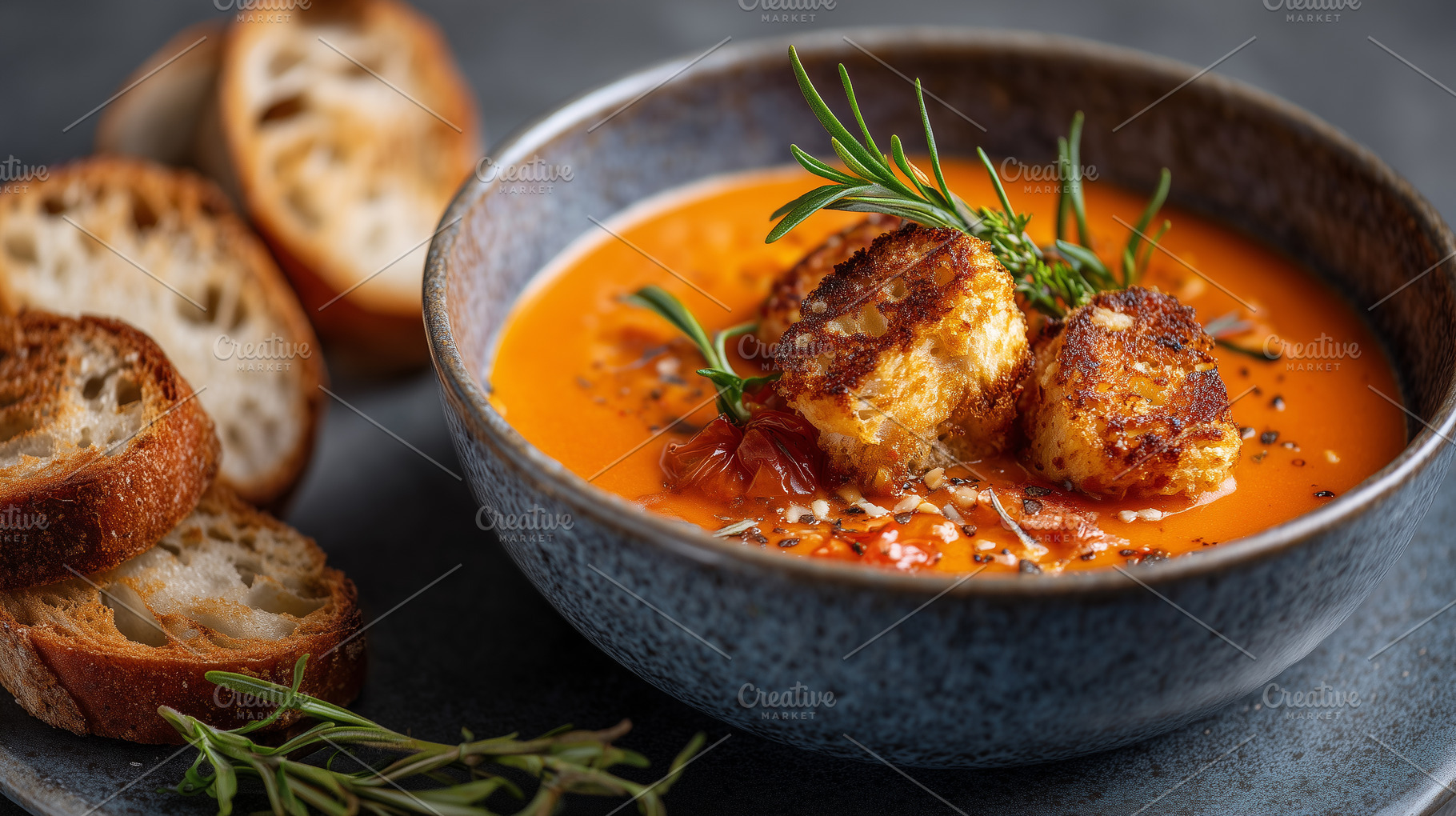 Creamy tomato soup with crispy, a Food & Drink Photo by MistyDay