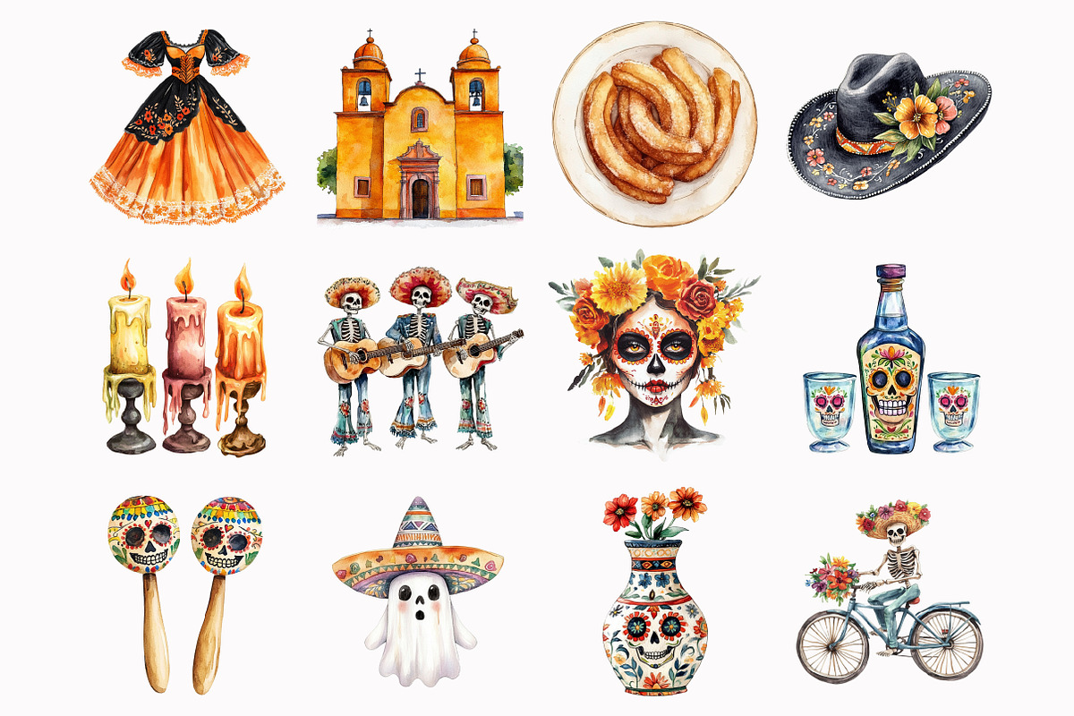 Watercolor Day of the Dead Clipart, an Illustration by Design Market (Photo 3 of 4)