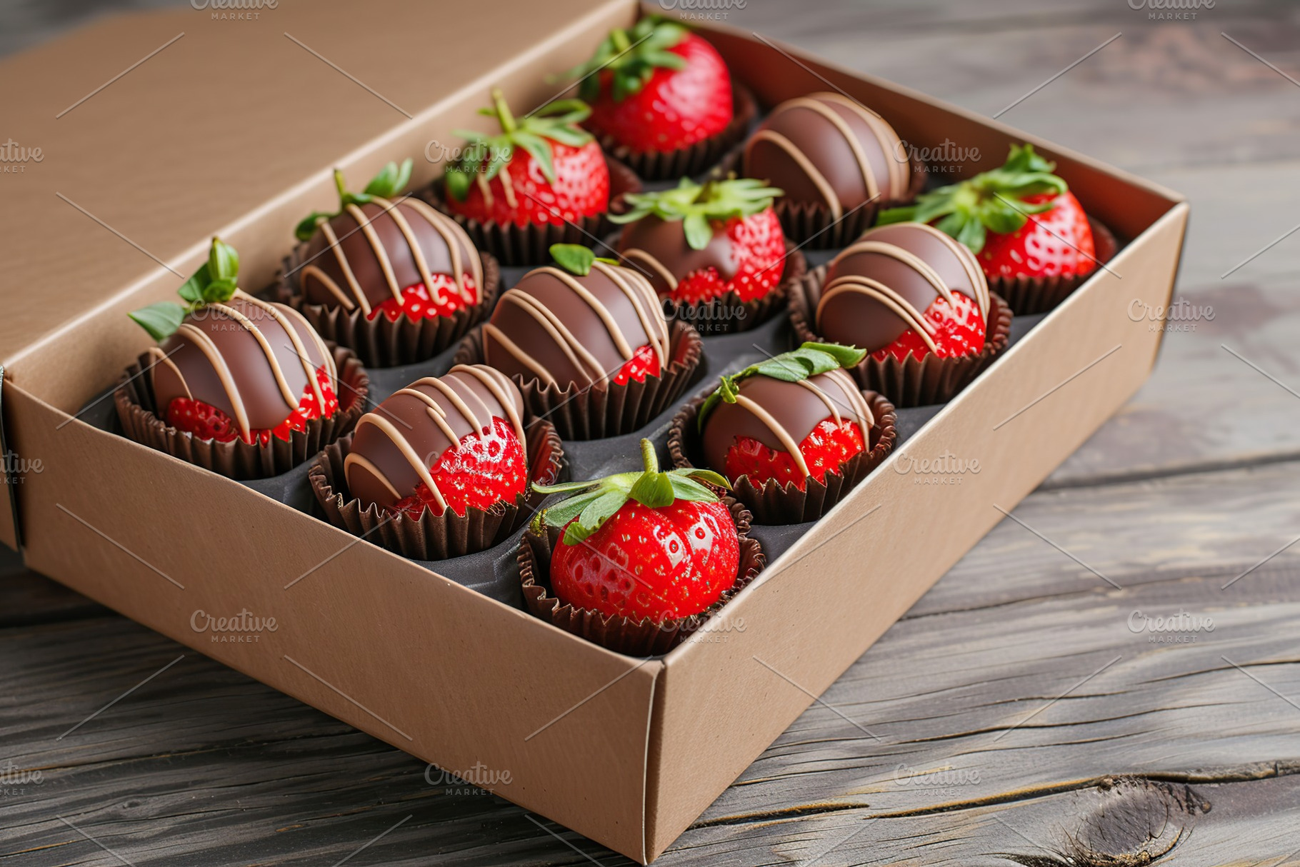 Delicious strawberries covered by chocolate in box on wooden background, a Food & Drink Photo by AlyaAnd