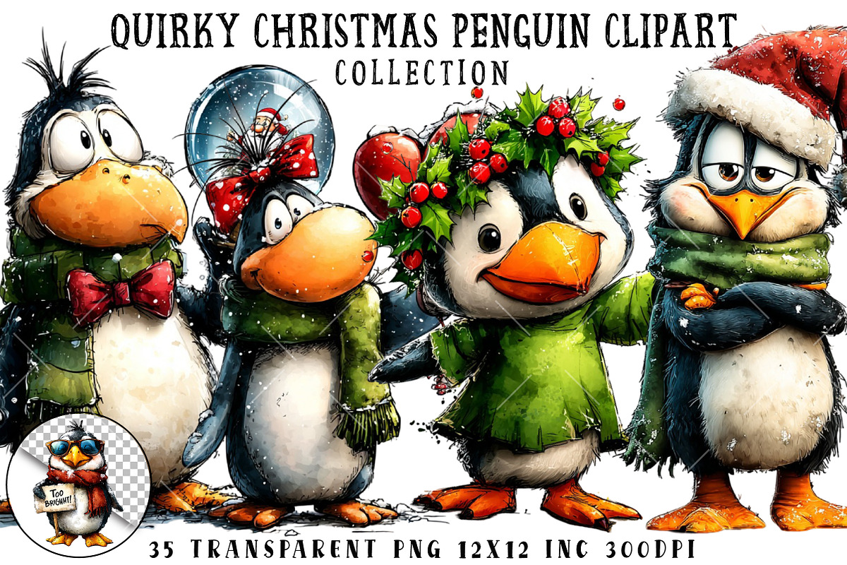 Quirky Christmas Penguin Clipart, an Illustration by OK Design (Photo 1 of 6)