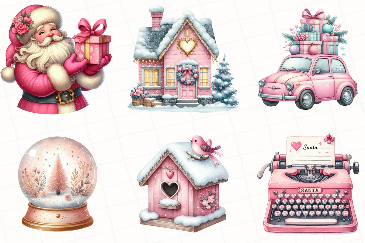 Watercolor Pink Christmas Clipart, an Illustration by OK Design (Photo 2 of 5)