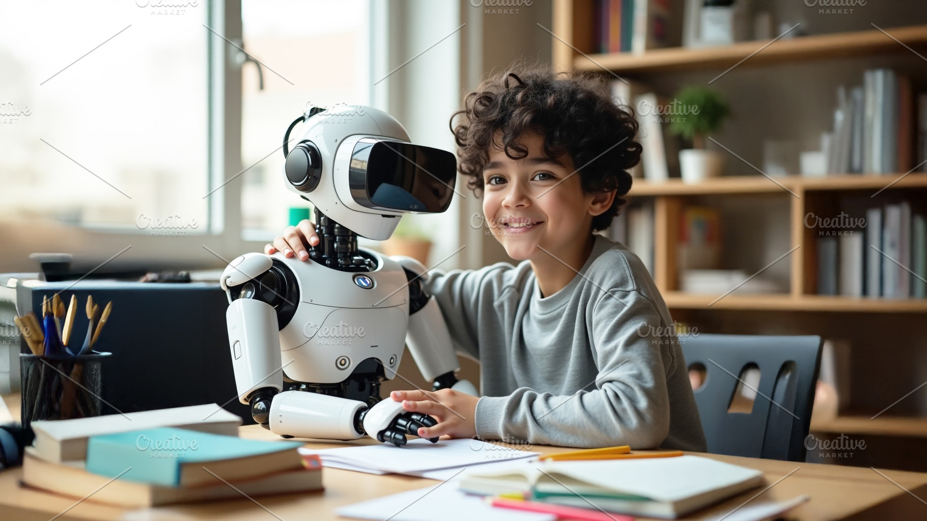 Boy Studying with Robot Friend at De, a Technology Photo by Stock Shape