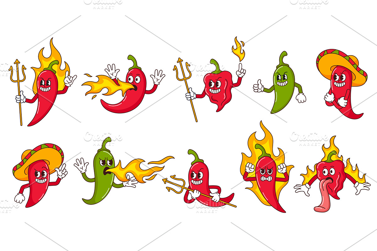Evil hot pepper characters. Burning, a Food Illustration by winwin.art