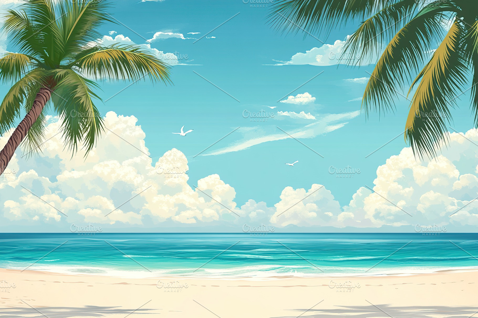 Vibrant summer beach scene with clear skies, gentle waves, and swaying palm tre, a Nature Photo by AlyaAnd